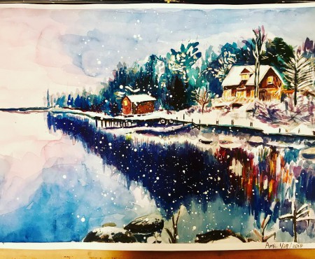 Watercolor : Snow scenery 雪国を描いたよ