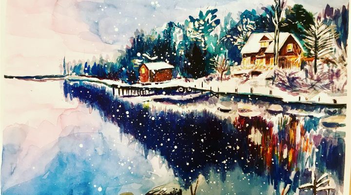 Watercolor : Snow scenery 雪国を描いたよ